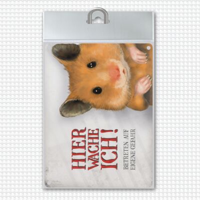 Metallschild mit Hamster Motiv und Spruch: Betreten auf eigene Gefahr