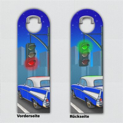 Door hanger red and green traffic light with blue retro US car and skyline