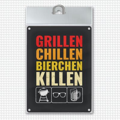 Grill, chill, beer kill metal sign
