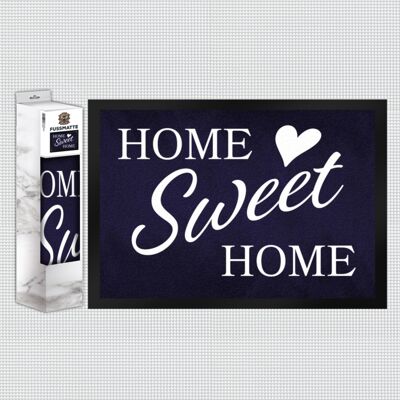 El felpudo Home Sweet Home presenta un texto elegante sobre un fondo índigo