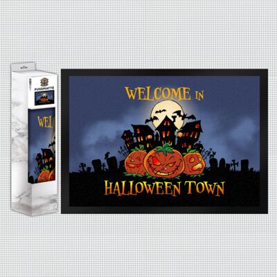 Zerbino con uno spettrale design di Halloween e la scritta: Benvenuti nella città di Halloween