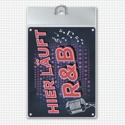 R&B metal sign with microphone and sheet music in a cool retro look is running here