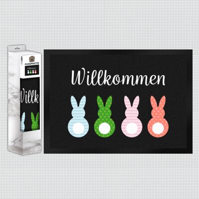 Welcome doormat with four colorful rabbits