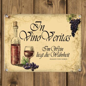 Plaque en métal avec motif de vin et disant : In Vino Vertias 3