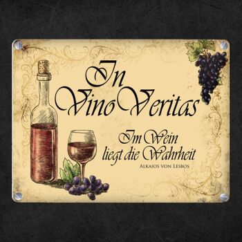 Plaque en métal avec motif de vin et disant : In Vino Vertias 4