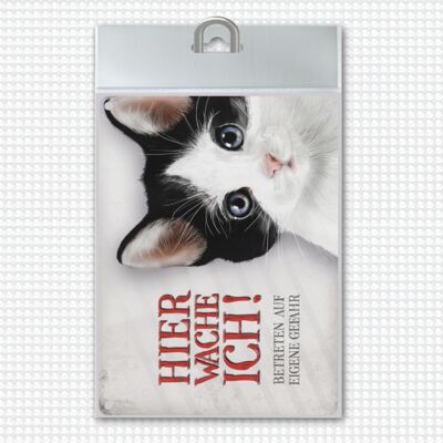 Targa in metallo con motivo gatto e scritta: Entra a tuo rischio e pericolo