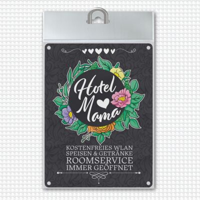 Hotel Mama metal sign with floral patterns and inscriptions