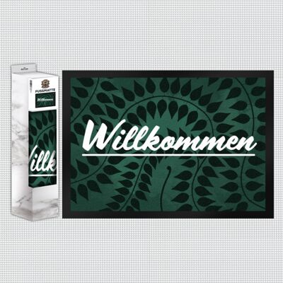 Willkommen Fußmatte mit Blätterhintergrund in grün