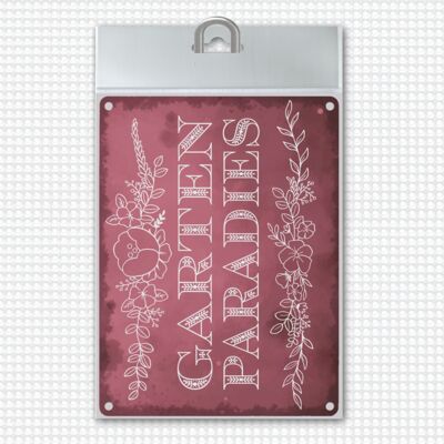 Letrero de metal Garden Paradise con adornos florales