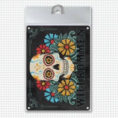 Welcome metal sign with skull and flower motif