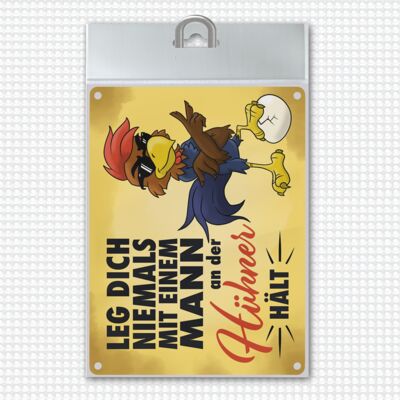 Never mess with a man holding chickens Metal sign with cartoon rooster