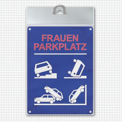 Metal sign with women's parking lot motif