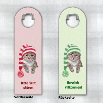 Do not disturb and welcome door hanger with a cute kitten and bobble hat