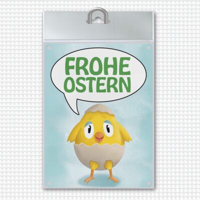 Happy Easter metal sign with cute chick in eggshell