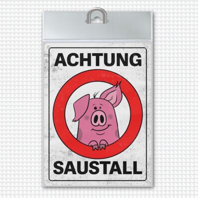 Atención pocilga cartel de metal con cerdo de dibujos animados