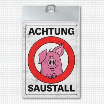 Attention signe métallique porcherie avec cochon dessin animé 1