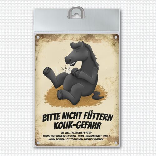 Metallschild mit schwarzes Pferd Motiv und Spruch: Bitte nicht füttern - Kolik-Gefahr