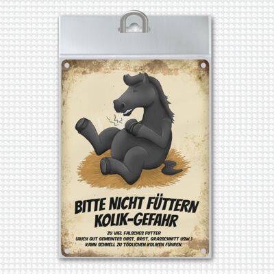 Cartello in metallo con motivo cavallo nero e scritta: Si prega di non dare da mangiare - rischio di coliche