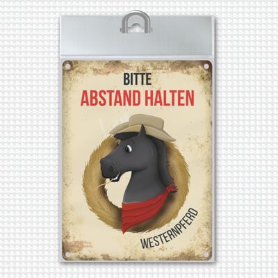 Metallschild mit schwarzem Pferde Motiv und Spruch: Bitte Abstand halten - Westernpferd