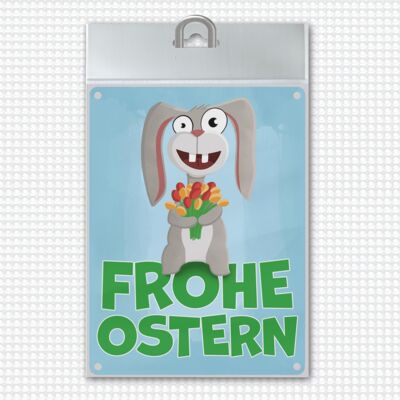 Frohe Ostern Metallschild mit lustigem Osterhasen