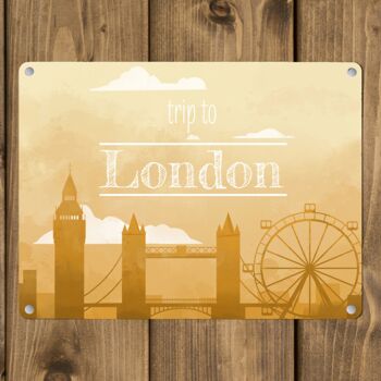 Panneau en métal pour les fans de city trips avec la silhouette de Londres en jaune 3