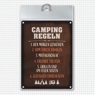 Cartel de metal de estilo rústico con reglas de camping