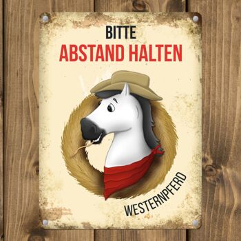 Plaque en métal avec motif cheval blanc et disant : Veuillez garder vos distances - cheval western 3
