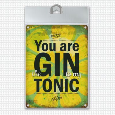 Metallschild mit Gin Tonic Motiv und Spruch: Gin to my Tonic