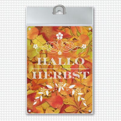 Cartello in metallo con belle foglie autunnali e scritte - Hello Autumn