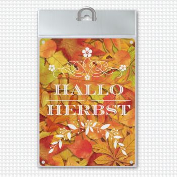 Panneau en métal avec de belles feuilles d'automne et lettrage - Hello Autumn 1