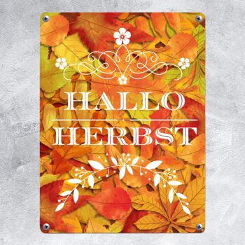 Panneau en métal avec de belles feuilles d'automne et lettrage - Hello Autumn 2