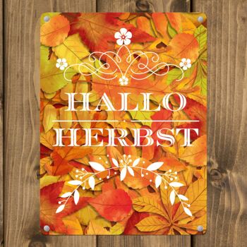Panneau en métal avec de belles feuilles d'automne et lettrage - Hello Autumn 3