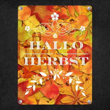 Panneau en métal avec de belles feuilles d'automne et lettrage - Hello Autumn 4