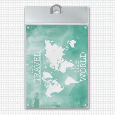 Letrero de metal con mapa del mundo y diciendo: viajemos por el mundo