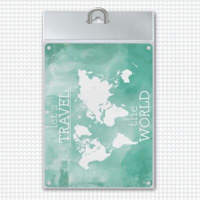 Metallschild mit Weltkarte und Spruch - let's travel the world