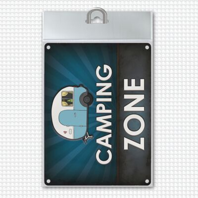 Camping zone metal sign with caravan motif