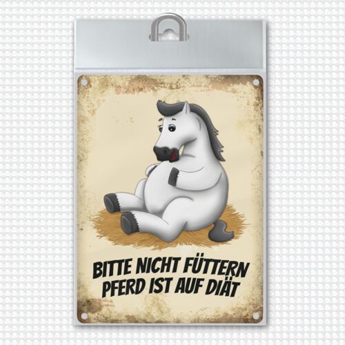 Metallschild mit weißes Pferd Motiv und Spruch: Bitte nicht füttern - Pferd ist