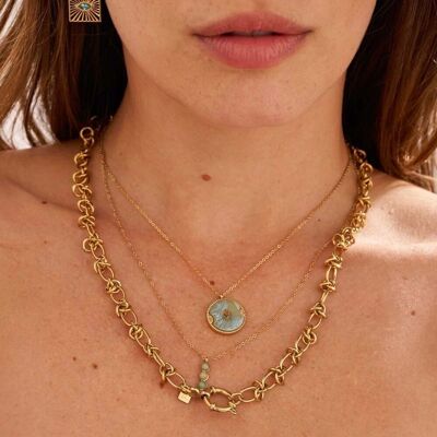 Golden Bobby necklace with light blue round acetate
