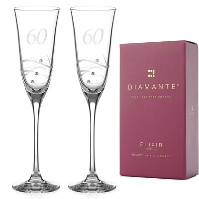 60th Anniversary Champagne Flutes Adorned With Swarovski Crystals - Set Of 2