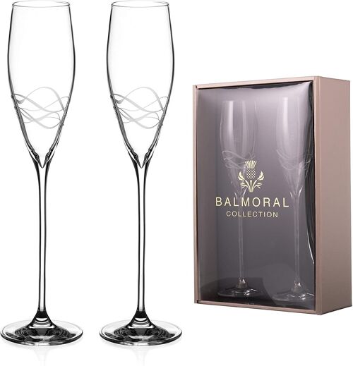 Balmoral Champagne Flue Prosecco Glasses Pair With ‘seawaves'’ Collection Hand Cut Design - Set Of 2