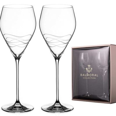 Balmoral White Wine Glasses Pair With ‘seawaves'’ Collection Hand Cut Design - Set Of 2 Crystal Wine Glasses