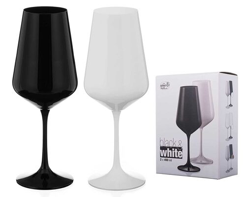Black And White Painted Wine Glasses Pair - Matching Crystal Wine Glasses - Set Of 2 (full Colour - Coloured Stem)