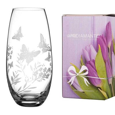 Diamante 'butterfly' Vase - Hand Etched Butterfly Pattern Barrel Vase - 25 Cm