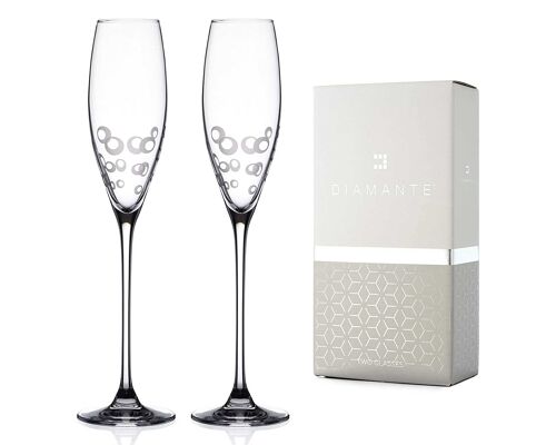 Diamante Champagne Flute Glasses Pair 'elegance' With Etched Bubbles Design