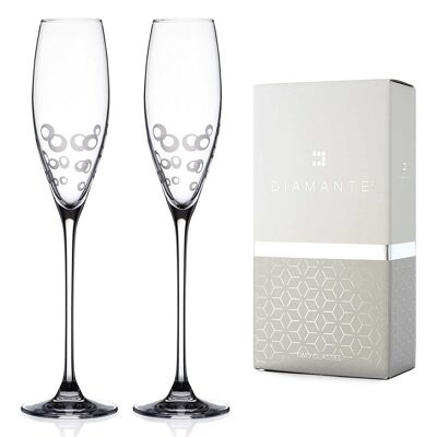 Diamante Champagne Flute Glasses Pair 'elegance' With Etched Bubbles Design