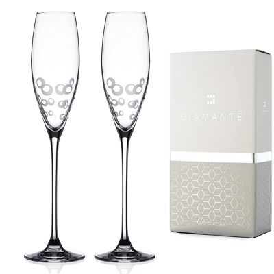 Diamante Champagne Flute Glasses Pair 'elegance' With Etched Bubbles Design