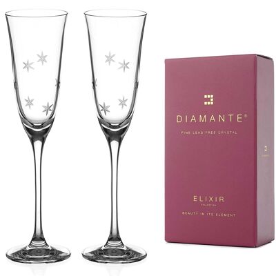 Diamante Champagne Flutes Crystal Prosecco Glasses - 'northern Star' Collection With Hand Etched Stars – Gift Box Of 2