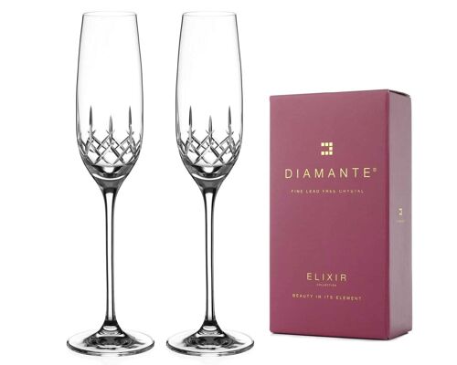 Diamante Champagne Flutes Prosecco Glasses Pair With ‘classic’ Collection Hand Cut Design - Set Of 2 Crystal Glasses
