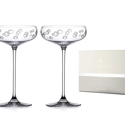 Diamante Champagne, Cocktail Or Prosecco Coupes/saucers Glasses Pair With Etched Bubbles Design