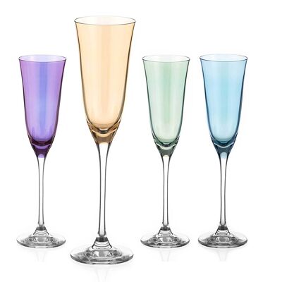 Diamante Coloured Champagne Flutes - ‘kate Colour Selection’ Lustre Painted & Assorted Coloured Crystal Glass - Set Of 4